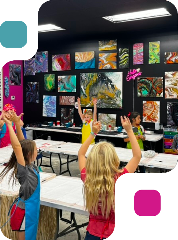 Kids creating art in Art Camp at Hawaii Fluid Art