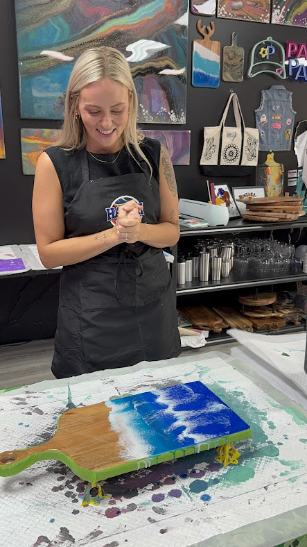 Charcuterie board and wine glass painting class in Johns Creek GA - custom painted serving boards workshop