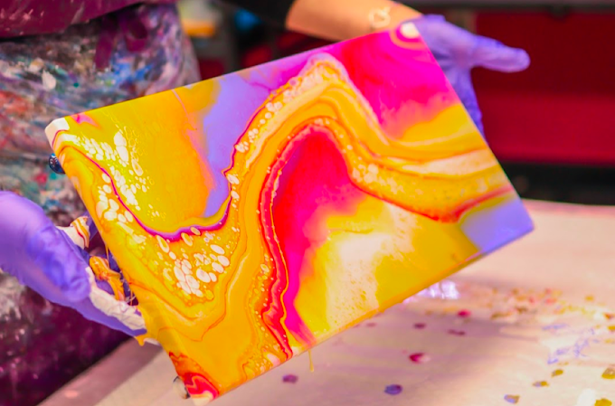 Vibrant abstract fluid art masterpiece created at our Johns Creek painting studio