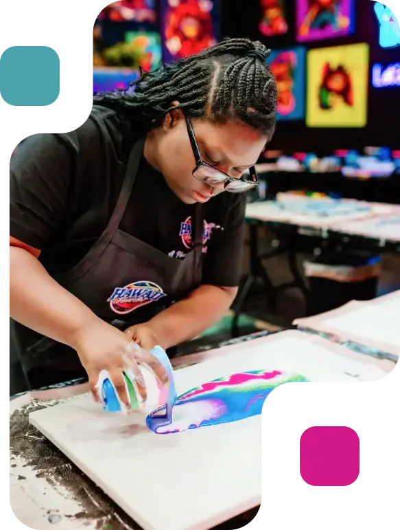 Happy students showing their art