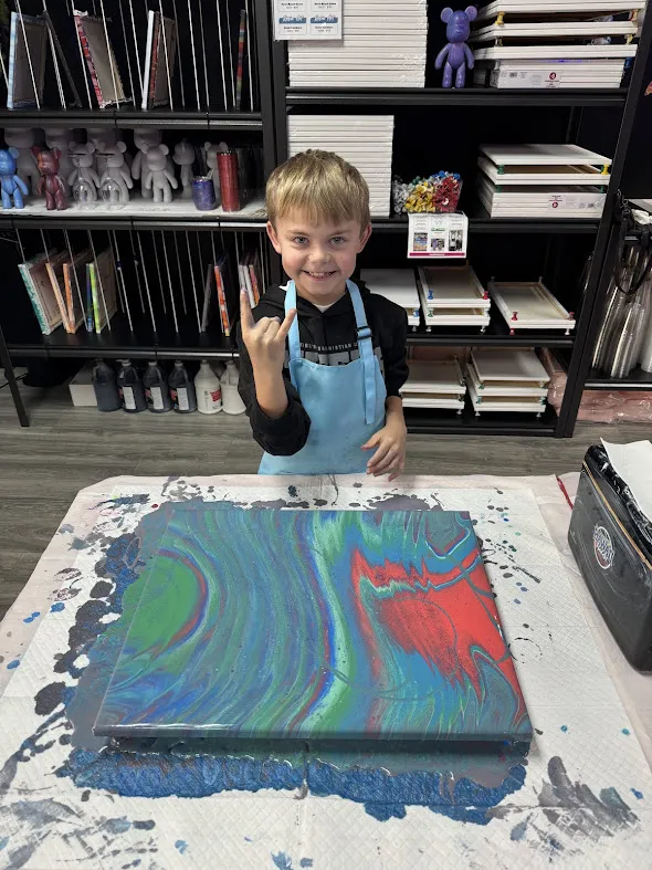 Homeschool students exploring special effect fluid art pour techniques