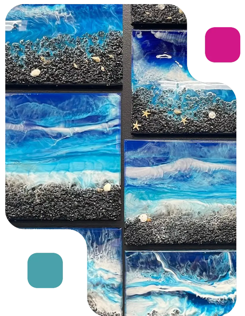 Beautiful resin beach scene art created at Hawaii Fluid Art studio